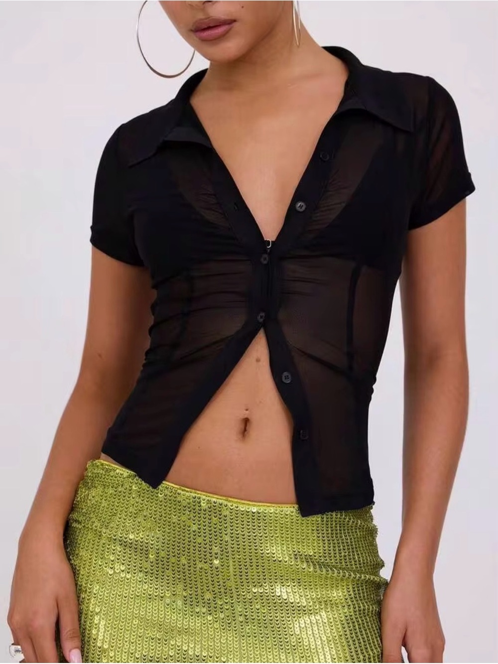 Completely Sheer Short-Sleeve Button Down Top
